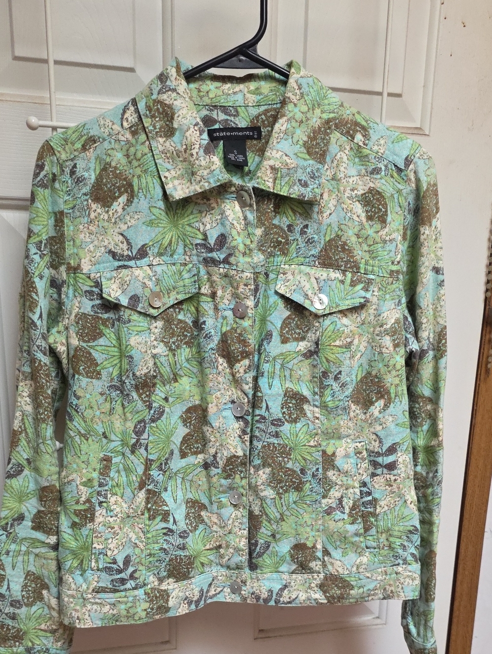 Statements Linen Floral Print Jean Jacket in Mint Green